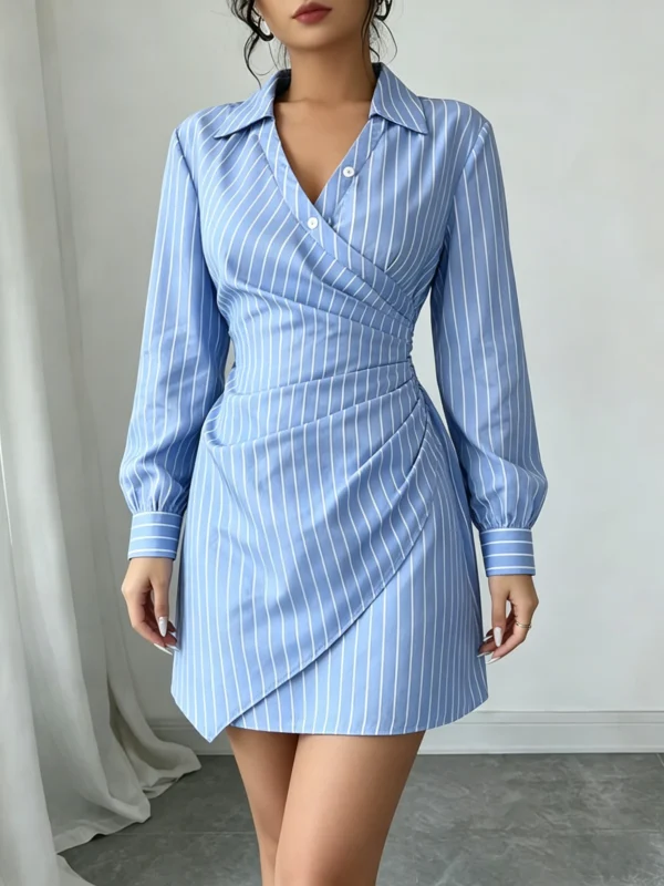 S8bed40c236d34330aeff8f1c60b218b20.webp Women Dress Striped Wrap V Neck Ruched Shirt Mini Dress Chic New Spring Summer Preppy Dress Office Work Date Tailored Dress