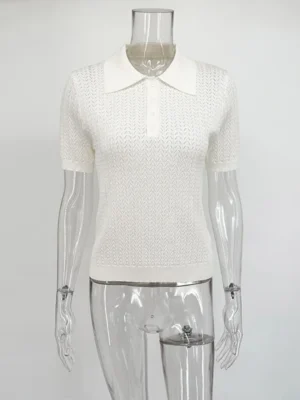 S8c27491a88ce4e05b7127ef5d1ac350e8.webp Typhaland Hollow Knitted T shirt Woman 2026 Summer New Short Sleeve Casual Loose Lapel Ins Hot Tops Lady Sweater T shirt Solid