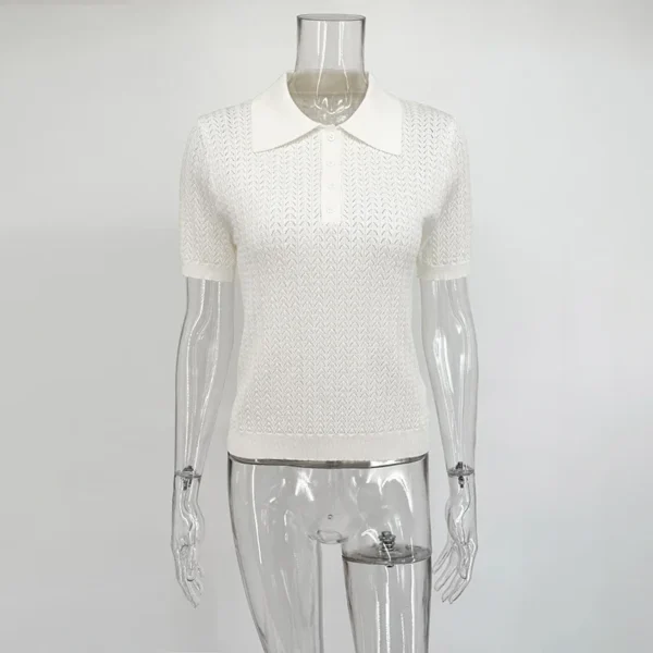 S8c27491a88ce4e05b7127ef5d1ac350e8.webp Typhaland Hollow Knitted T shirt Woman 2026 Summer New Short Sleeve Casual Loose Lapel Ins Hot Tops Lady Sweater T shirt Solid