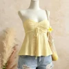 S8f721a1f38f145ad8217342025299153C.webp Women Yellow Eyelet Lace Tube Top Casual Ruched Tie Front Peplum Strapless Camisole