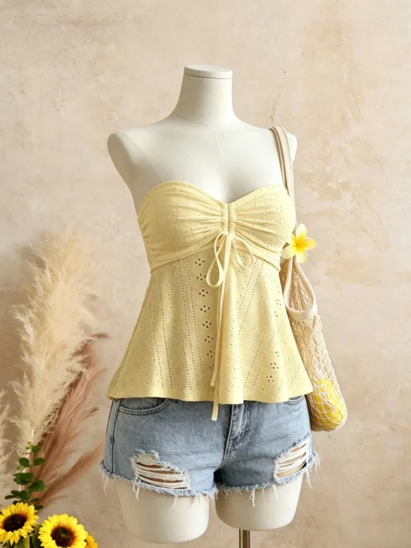 S8f721a1f38f145ad8217342025299153C.webp Women Yellow Eyelet Lace Tube Top Casual Ruched Tie Front Peplum Strapless Camisole