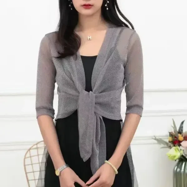 S9012f28b813a47d6a760414f9a34fb61R.webp Women's Sparkling Lace-Up Cardigan Summer Sheer Cover Up Lightweight Loose Blouse Half Sleeve Beachwear Casual Glitter Jacket