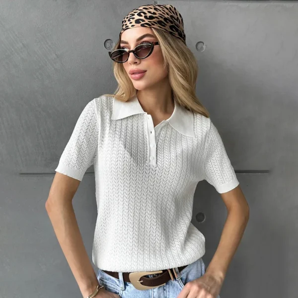 S908aa4c79809410992f2da8d489afc5c1.webp Typhaland Hollow Knitted T shirt Woman 2026 Summer New Short Sleeve Casual Loose Lapel Ins Hot Tops Lady Sweater T shirt Solid