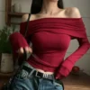 S92480b2be49a47de94eb8d5b5e06772aX.webp Women Off Shoulder Long Sleeve Knitted T-shirt Sexy Tops Solid Elegant Autumn Winter New Spicy Girl Slim Fit Short Red Crop Top