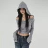 S9356840a8e3f4e4bb784dbc817b0dbd9b.webp Flare Long-sleeve Hooded Crop Top Women Fall Solid Color Elastic Casual Tee Shirt Pullover Pile Collar Y2k T-shirt
