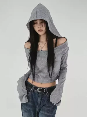 S9356840a8e3f4e4bb784dbc817b0dbd9b.webp Flare Long-sleeve Hooded Crop Top Women Fall Solid Color Elastic Casual Tee Shirt Pullover Pile Collar Y2k T-shirt