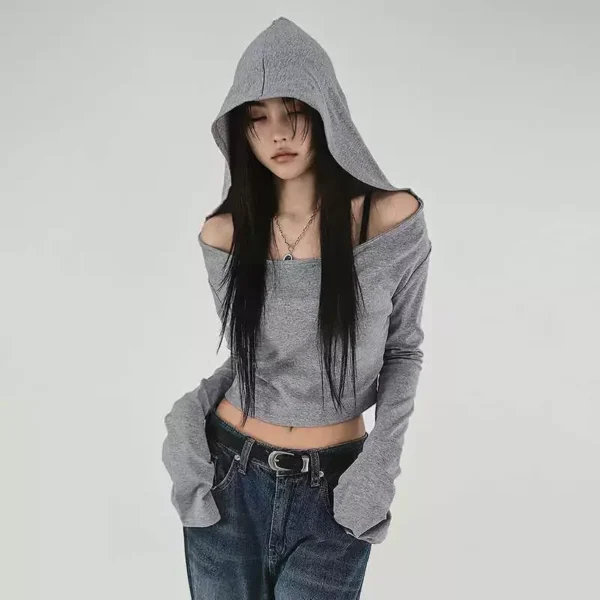 S9356840a8e3f4e4bb784dbc817b0dbd9b.webp Flare Long-sleeve Hooded Crop Top Women Fall Solid Color Elastic Casual Tee Shirt Pullover Pile Collar Y2k T-shirt