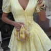 S96af8379f31b429bba5808555a539066m.webp Tossy Yellow Lace-Up Printed Mini Dress Women's V-Neck Slim Short Sleeve Elegant Commute Bandage Dress Evening Ladies Clothes