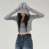 S9aeb198e193b4807a2bd47e732db1880B.webp Flare Long-sleeve Hooded Crop Top Women Fall Solid Color Elastic Casual Tee Shirt Pullover Pile Collar Y2k T-shirt