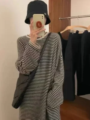S9c408484cebc4b84aecaefe781298e98b.webp Lazy and comfortable 100% pure cashmere straight striped dress Joker knit bottoming shirt sweater skirt in autumn and winter