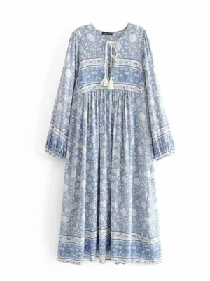S9dc33d909bf6473da5c8b56765ba5a4ed.webp Vintage Chic Women Tie Neck Long Sleeve Floral Porcelain Print Beach Bohemian Maxi Dresses Ladies Rayon Cotton Boho Dress Robe