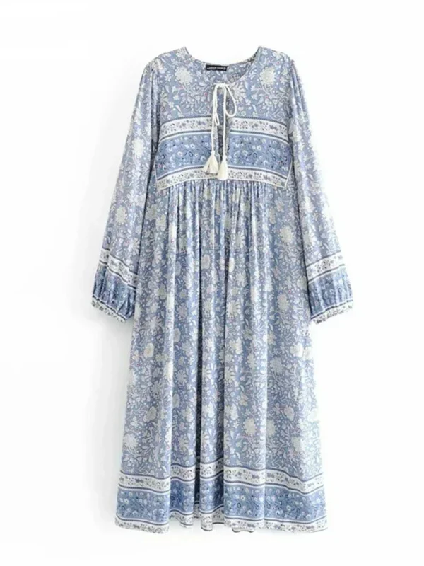 S9dc33d909bf6473da5c8b56765ba5a4ed.webp Vintage Chic Women Tie Neck Long Sleeve Floral Porcelain Print Beach Bohemian Maxi Dresses Ladies Rayon Cotton Boho Dress Robe