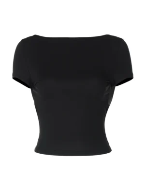 S9ecc43f94f414c3cb36b9b08f93880b6p.webp Women's O Neck Short Sleeve Backless Ruched Crop Top Y2K Streetwear Summer Spring Casual T-Shirt Dropshipping