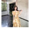 Sa00267fea7704320942b37aa04269d6d6.webp Hebe Style Long Ankle Skirt Sweet Floral Print Women's Dress High Waist Fly Sleeve High Collar Street Trend Urban Fashion