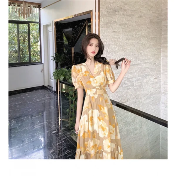 Sa00267fea7704320942b37aa04269d6d6.webp Hebe Style Long Ankle Skirt Sweet Floral Print Women's Dress High Waist Fly Sleeve High Collar Street Trend Urban Fashion