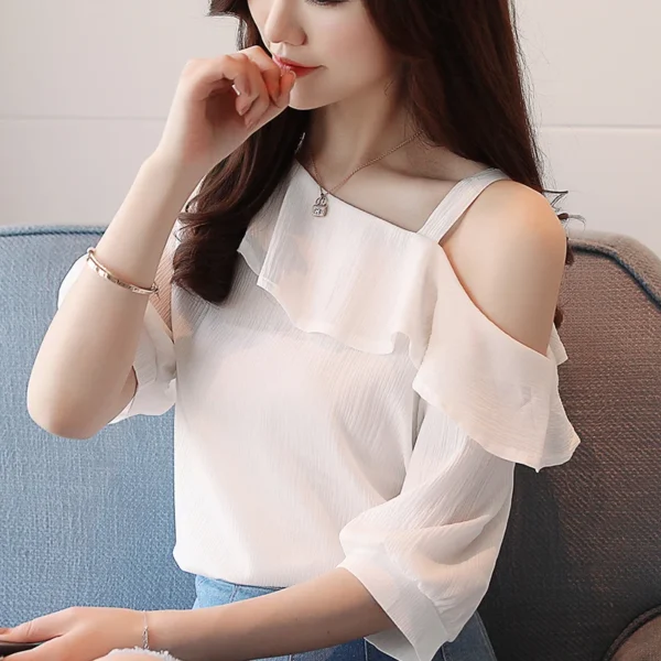 Sa0314838babb4015ab8e8f6fdc5d00d2o.webp Women's Shirt Tops One-Shoulder Ruffles Short-sleeved Chiffon Blouse