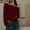 Sa1ead09cc514437791b305a3e8327476Q.webp Women Off Shoulder Long Sleeve Knitted T-shirt Sexy Tops Solid Elegant Autumn Winter New Spicy Girl Slim Fit Short Red Crop Top