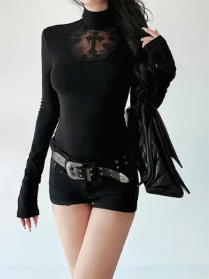 Sa3942baf17b143ce9c8a0feafe38a6d59.webp Turtleneck Top Y2k Clothes Black Gothic Cross Hollow Slimming Bottom T Shirt for Women Long Sleeve Sexy T-shirt Girls Tops