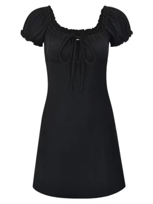 Sa6791a8decbf4a0db4afe0787da33f429.webp Summer Sexy Mini Dress Women Short Sleeved Lace up Hollow Casual Backless Folds Bodycon Black Dress Party Elegant A-LINE Dresses