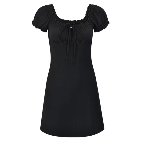 Sa6791a8decbf4a0db4afe0787da33f429.webp Summer Sexy Mini Dress Women Short Sleeved Lace up Hollow Casual Backless Folds Bodycon Black Dress Party Elegant A-LINE Dresses