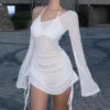 Sa6ebb0e860b7498b9d426449d73a6c75Y.webp Solid Skew Collar Ruched Straps Lace-Up See Through Draw String Mini Dress 2025 Summer Women Party Clubwear