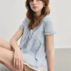 Blue Summer Women's irt V-ne Puffy Sve Loose Faionable ort-sved Knot Top Korean Sle Sweet Loose