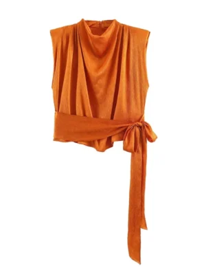 Sad1f9b3b4079414faa3bf90f4b6d4faf8.webp Women's Top 2026 Spring New Style Orange Sleeveless Satin Texture Long Ribbon Top Elegant and Stylish Unique Fashion Focus