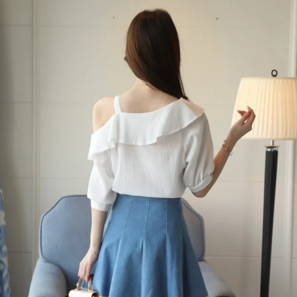 Sadb703a2af834ef69309ec93c4ade088R.webp Women's Shirt Tops One-Shoulder Ruffles Short-sleeved Chiffon Blouse