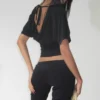 Sae0b3f3bfbfd4afeb4c7df01dc9d75aaG.webp Sexy Deep V Neck Lace Spliced Tie Waist Slim Half Sleeve Crop Tee For Women