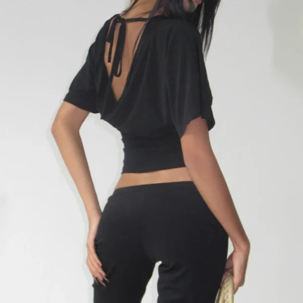 Sae0b3f3bfbfd4afeb4c7df01dc9d75aaG.webp Sexy Deep V Neck Lace Spliced Tie Waist Slim Half Sleeve Crop Tee For Women