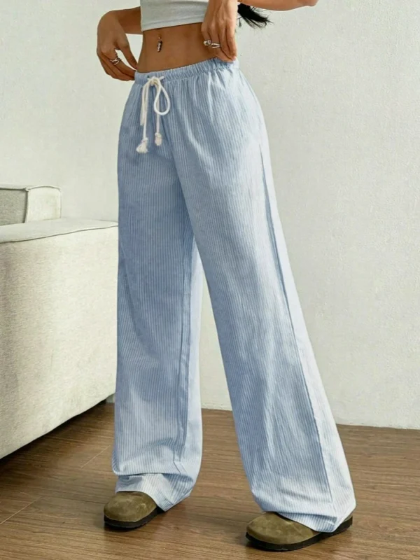 Women's Striped Wide-Leg Pants Elegant Casual Mid Waist Trousers Summer