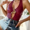 Safd528d2ac4e4e8b9039f906b78d3e6bG.webp Women's Croc Embossed Halter Neck Tank Top Faux Leather Fitted Top Edgy Spring Summer Chic Daily Slim Fit Top