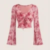 Summer Women's Y2k Floral Printed Sweet V-Neck T-shirts Mesh Beach Party Dress Top Flare Sleeve Square Collar Lace Up Shirt 2025