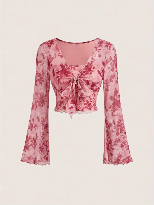 Summer Women's Y2k Floral Printed Sweet V-Neck T-shirts Mesh Beach Party Dress Top Flare Sleeve Square Collar Lace Up Shirt 2025