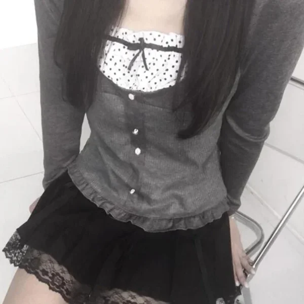 Sb1df0b331a9449f1b110bbeffcd49ab7f.webp Y2K Polka Dot Print Contrast Patchwork Knitted Tops Grey Autumn Spring Cute Bow T-shirts Slim-fit Long Sleeve Knitwear