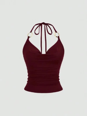 Sb4cc9713213247669877603c0bcec546d.webp Women's Sexy Drape V-Neck Metal Decor Slim Fit Backless Halter Neck Cami Top Casual Solid Color Back Tie-Strap Crop Top 2026