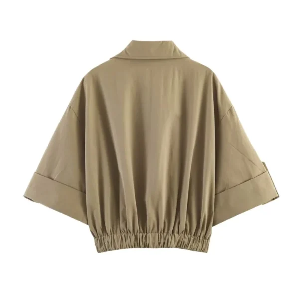 Women's Short Trench Coat New 2026 Spring Autumn Women Rolled-Up Sleeves Button Solid Color Elastic Waist Outerwear Female Tops