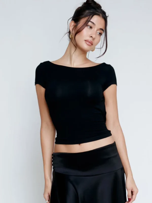 Women's O Neck Short Sleeve Backless Ruched Crop Top Y2K Streetwear Summer Spring Casual T-Shirt Dropshipping