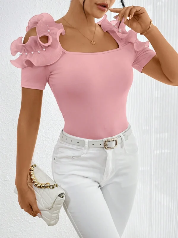 Sbb40ef3244d64e93820d6c5b08d93680Y.webp Fashionable ruffled T-shirt for women, short-sleeved, summer chic top, tight and slimming, elegant little shirt trend