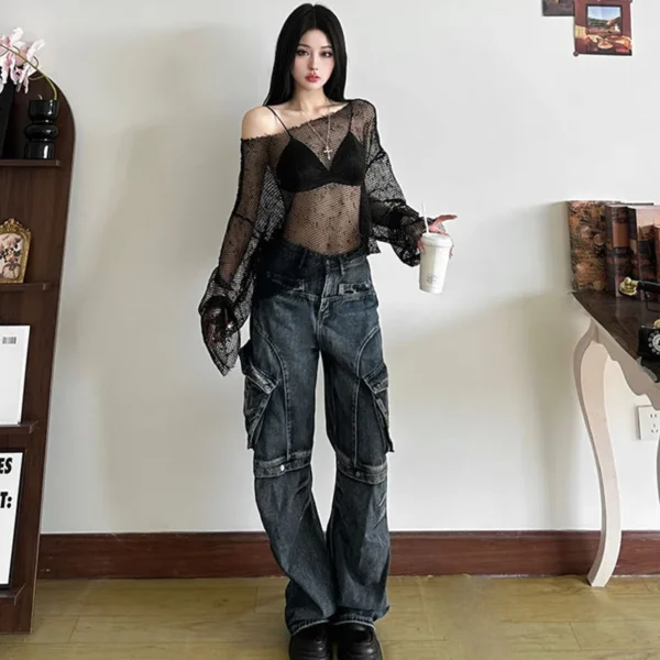 Sbb4bd1cedf2e451f9d5314664b7372b9e.webp Sexy Club Mesh See Through T Shirt Women Black Hollow Out Long Sleeve Tees Female Summer Fashion Streetwear Basic Y2K Tops Lady