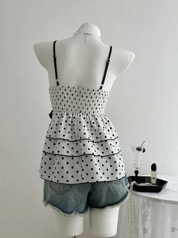 Sbcfc5a3c1d664beb811738149b4341aeQ.webp French-Style Retro Lace Patchwork Color-Blocked Bow Polka Dot Camisole Sweet Youthful Stylish Slimming Vacation High-End Top for Women Women's Clothing