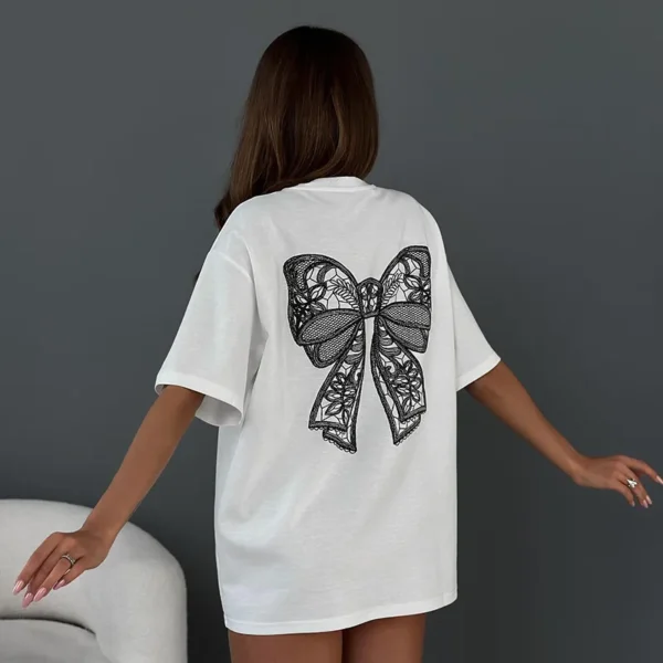 Sc0df4c99137f404b9ff57861e00028b6O.webp CGC Simple Style Casual Versatile Bow Short-Sleeved T-shirt For Women O-Neck Korean Fashion Female Clothing y2k Tees Loose Tops