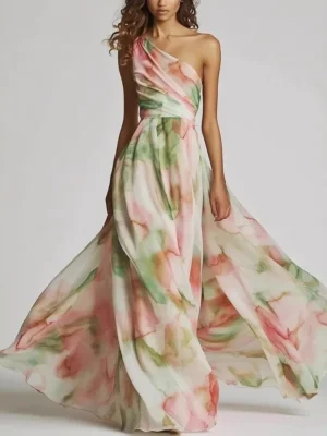 Elegant Women's Dress Sexy One-Shoulder Tie-Dye Party Dress Fashion Sleeveless Printed High Waist Large Hem Skirt Maxi Dress