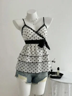 Sc1d9df133496436fae6a47f383470d685.webp French-Style Retro Lace Patchwork Color-Blocked Bow Polka Dot Camisole Sweet Youthful Stylish Slimming Vacation High-End Top for Women Women's Clothing