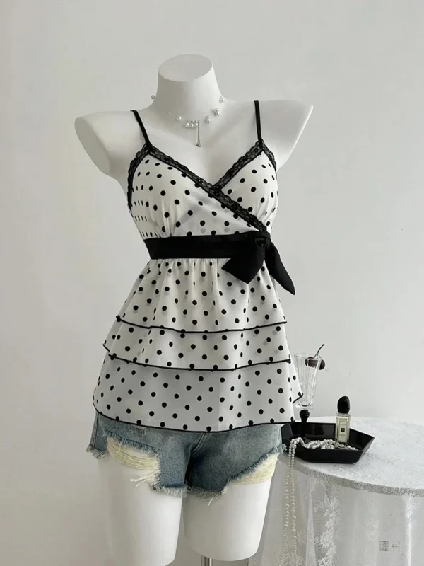 Sc1d9df133496436fae6a47f383470d685.webp French-Style Retro Lace Patchwork Color-Blocked Bow Polka Dot Camisole Sweet Youthful Stylish Slimming Vacation High-End Top for Women Women's Clothing