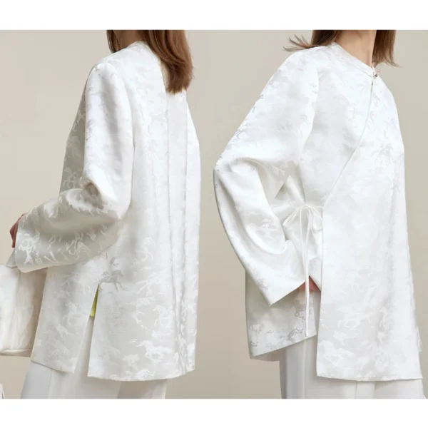 Sc2ceb8a95e4a4740b5c2030d4fca7fe3y.webp Amii Women's Jacket 2026 Spring New Elegant Jacquard Tie Front Coat O-Neck Loose Asymmetric Placket Long Sleeve Tops