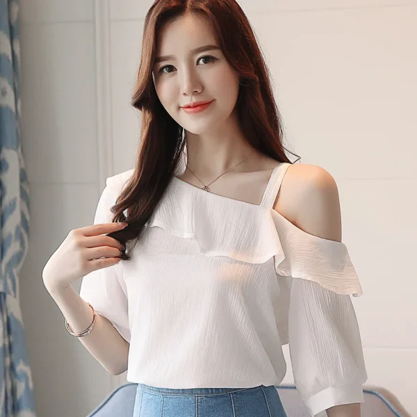 Sc344c424e4974fa097cdc63986991a9bg.webp Women's Shirt Tops One-Shoulder Ruffles Short-sleeved Chiffon Blouse