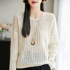 Sc5ea0296dc714dd4a5c4703a8806fad0R.webp WinvyNee Summer Women's T-shirt Cotton Long Sleeve O Neck Hollows Clothing Solid Top Casual Pullover Female Tops Y2K