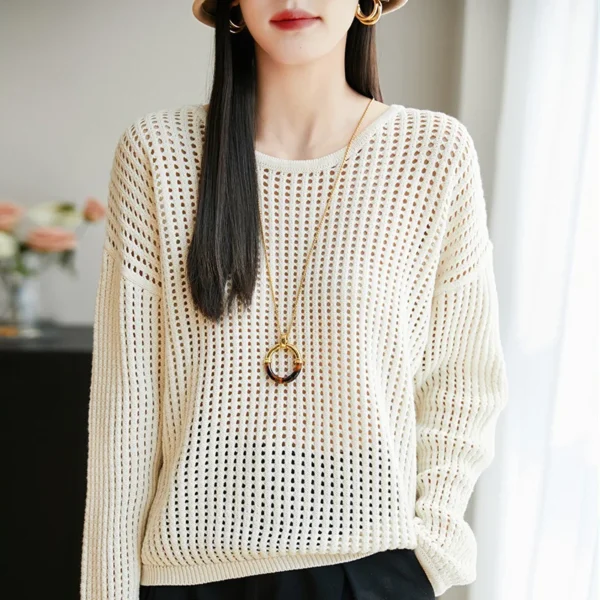 Sc5ea0296dc714dd4a5c4703a8806fad0R.webp WinvyNee Summer Women's T-shirt Cotton Long Sleeve O Neck Hollows Clothing Solid Top Casual Pullover Female Tops Y2K