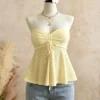 Sc656a81a85984695ac53bf527dc86935y.webp Women Yellow Eyelet Lace Tube Top Casual Ruched Tie Front Peplum Strapless Camisole